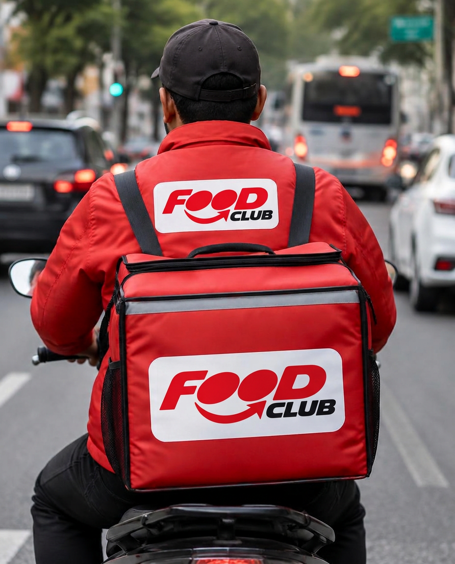 Entregador visto de costas vestindo a jaqueta e a mochila térmica do kit, em uma avenida movimentada