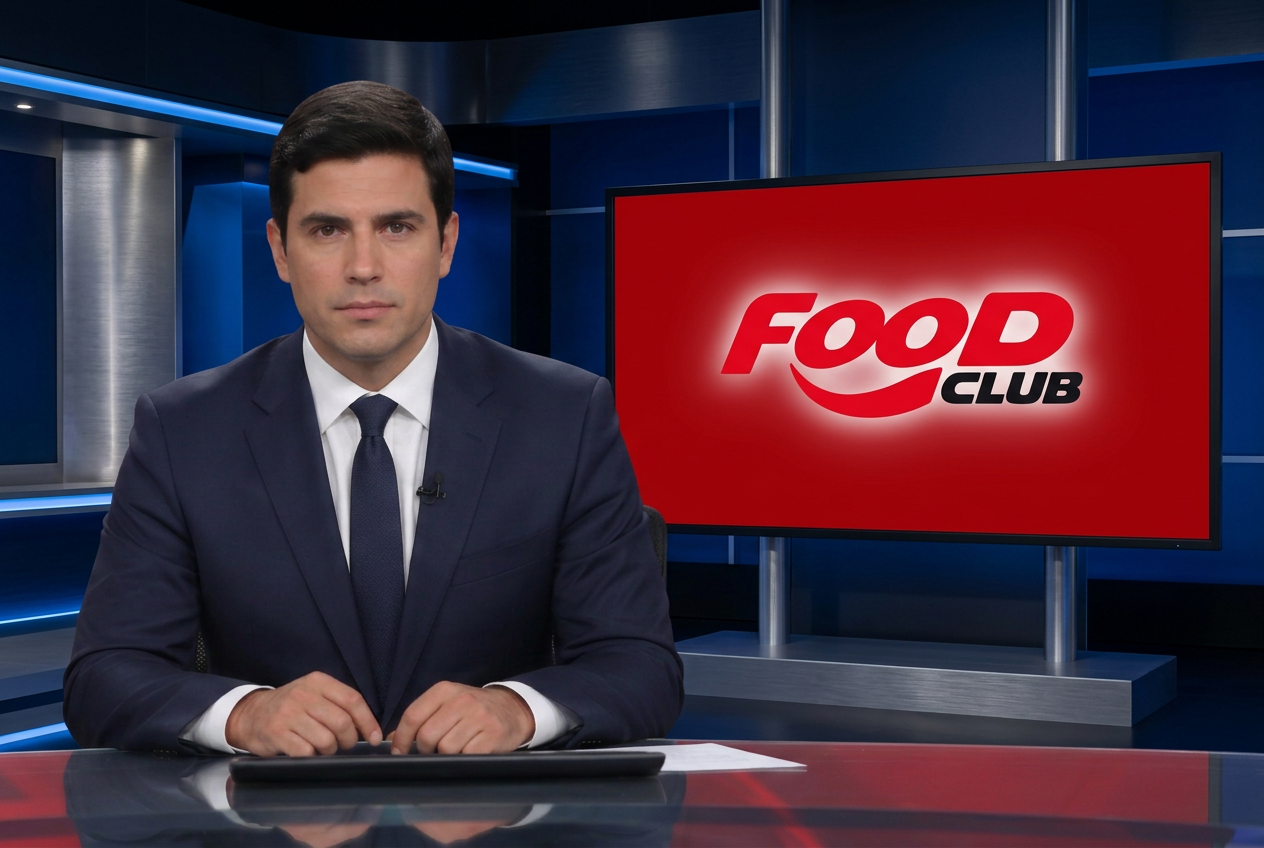 Âncora de noticiário ao lado de uma televisão com a logo Food Club